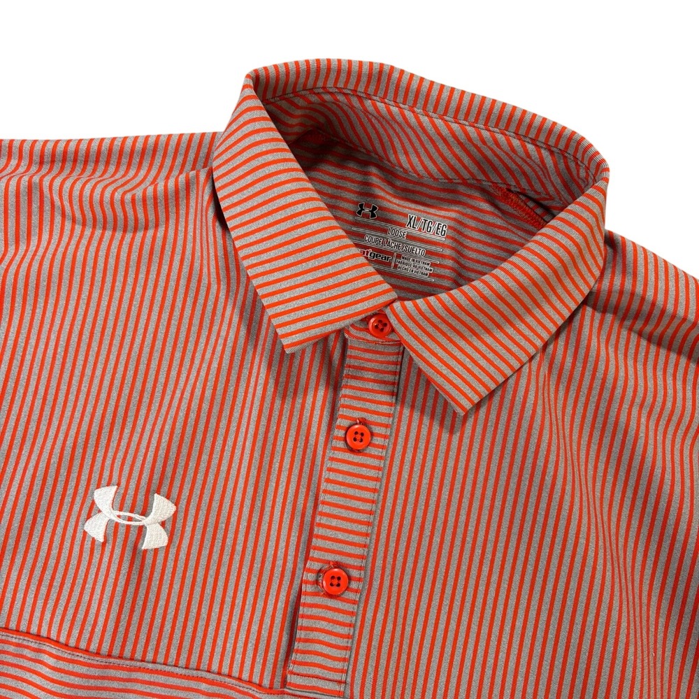 UNDER ARMOUR Polo Shirt Mens XL Red Gray Stripe HeatGear‎ Loose Golf